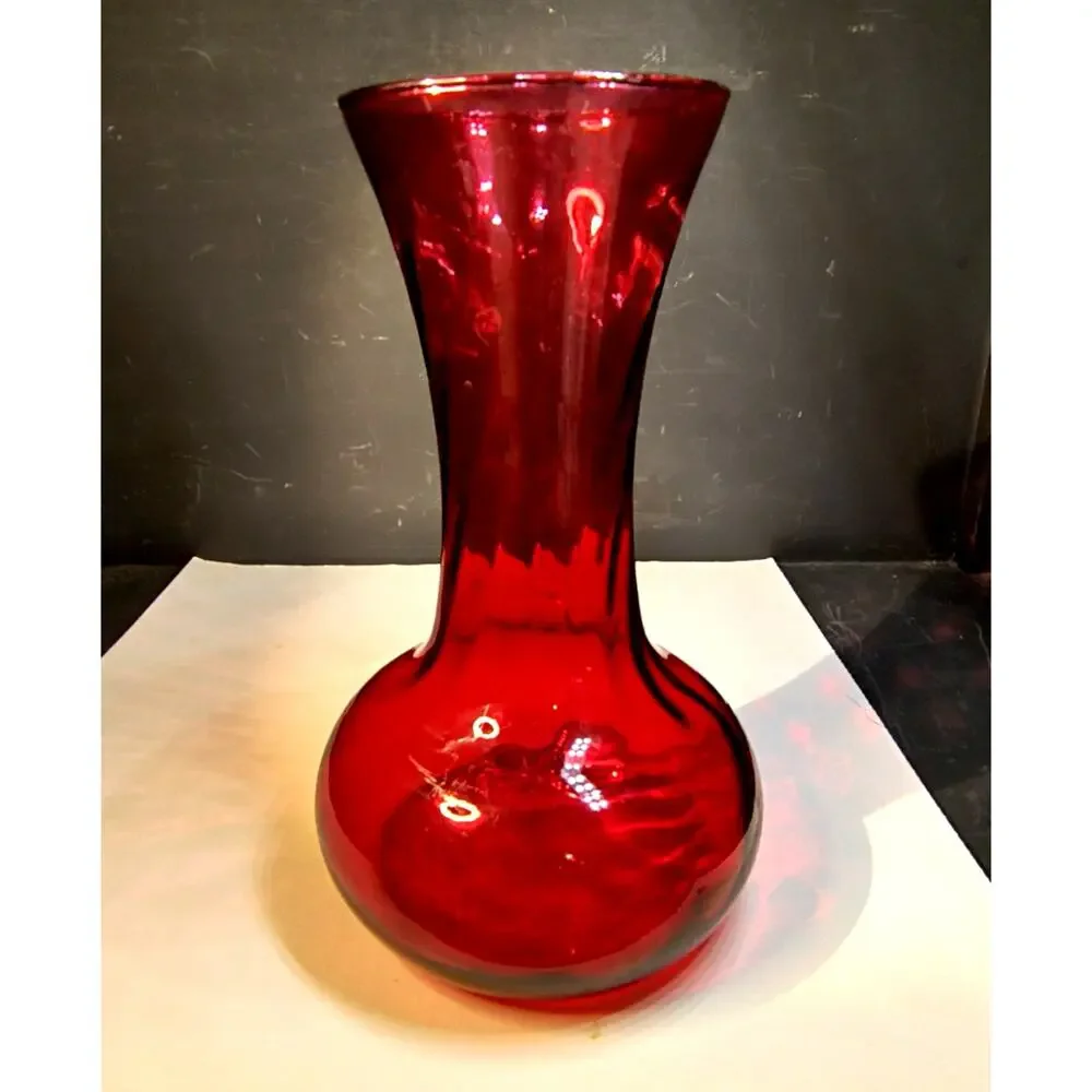 2118. Vintage Cranberry or Ruby Red Glass Vase 8 Inches Bulbous Base